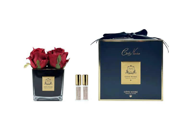 Cote Noire Couture 4 Rose Buds - Square Black Vase - Gold & Red