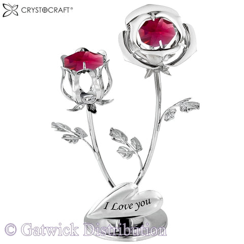 Crystocraft Mini Rose & Bud I Love You"" - Silver/Red""
