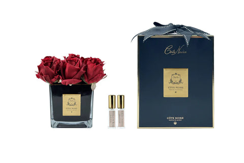 Cote Noire Couture 9 Rose Buds - Square Black Vase - Gold & Red