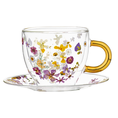 PRESSED FLOWERS D/WALLED GLASS CUP + SAUCER