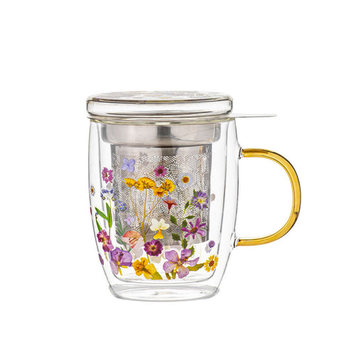 Pressed Flowers Double Walled Glass Infuser Mug