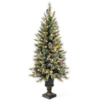 4ft(122cm) Glittery Bristle Potted Christmas Tree with Lights (NATGB107)